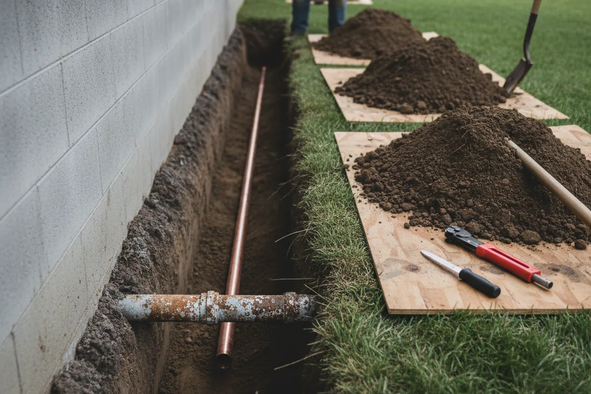Excavated water line trench during Sewer Line Repair in Adair